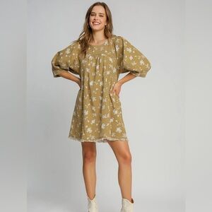 Floral Puff Sleeve Dress in Tan